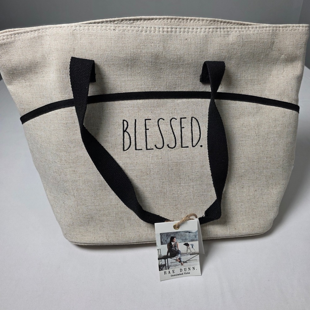 Rae Dunn Insulated Tote Bag Large Linen Beige Blessed Farmhouse Lined Cooler Bag